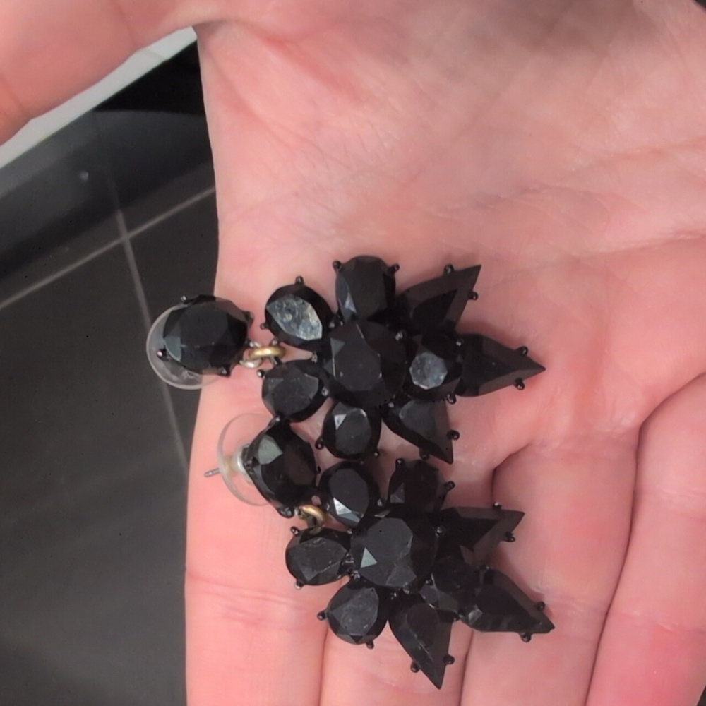 J. Crew Brand Black Rhinestone Mourning Pierced Statement Earrings Dust Bag EUC
